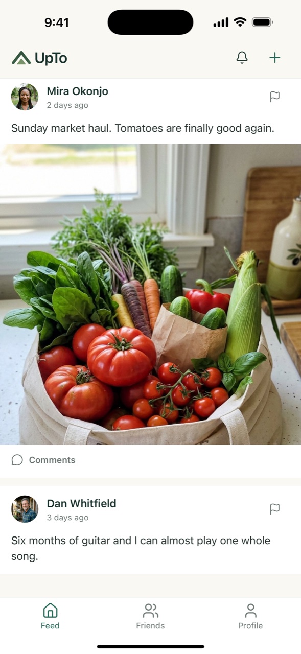 The UpTo feed: a friend's post with a photo of a farmers-market haul, with comments below